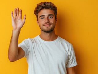 A young man with a friendly expression raises his hand against a solid yellow background, wearing a white t-shirt.