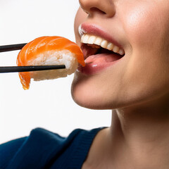 箸で握りずしをつまんで食べている女性の口元のアップ