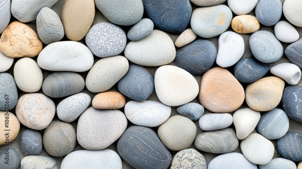 Poster beach with smooth pebbles and small waves, isolated for a unique coastal texture