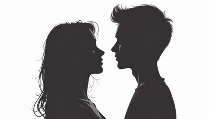 Couple's silhouette, intimate mood, gazing into each other's eyes, white background