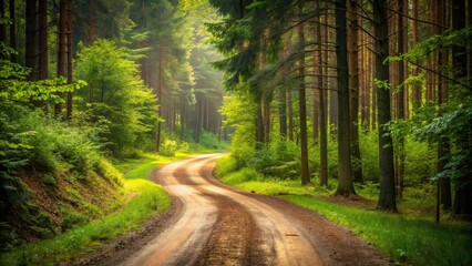 peaceful forest landscape with winding dirt road
