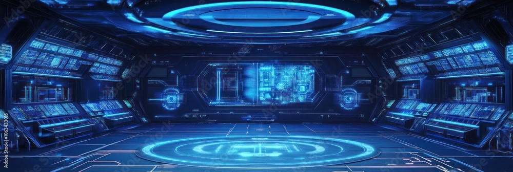 Poster futuristic blue control room with glowing panels, a circular platform in the middle, and a large scr