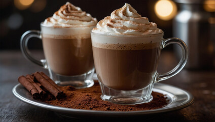 Cappuccino topped with frothy milk and a dusting of cocoa powder, served in a clear glass with soft café lighting.