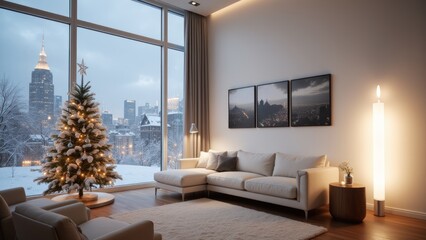 A living room with christmas tree and city view