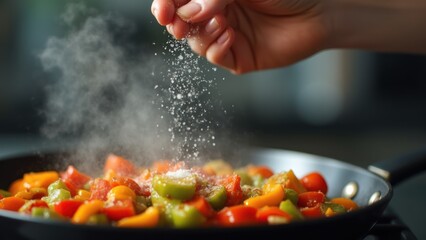 Of a person sprinkling salt on vegetables in the frying pan