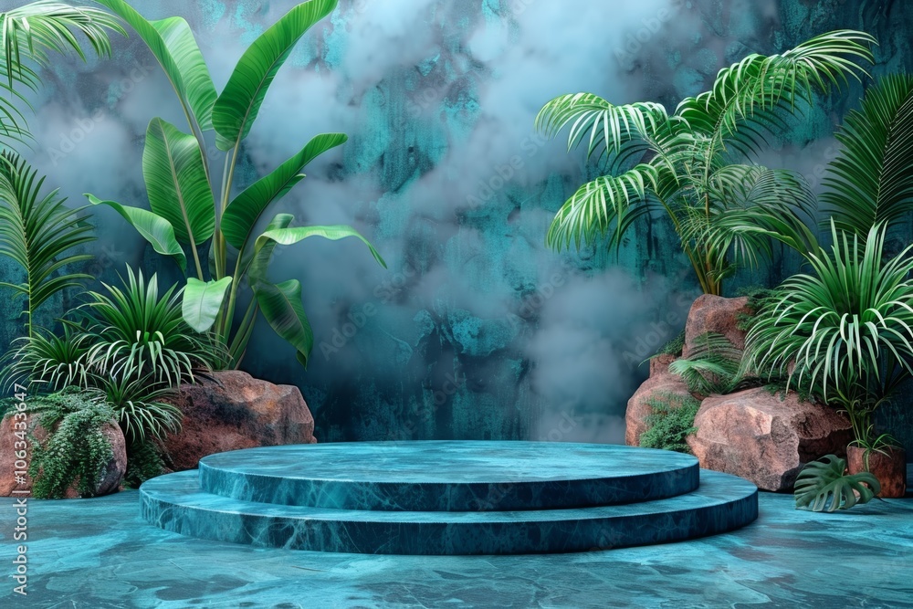 Poster a tranquil 3d marble podium surrounded by lush greenery and rocks, creating an abstract summer displ