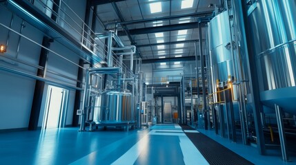 Modern industrial facility with large metal tanks and machinery.
