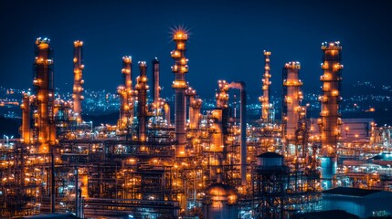 Fototapeta premium Night view of an industrial complex with illuminated structures.