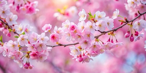 Obraz premium Pink cherry blossom branches with delicate pink and white flowers in full bloom, garden, pink