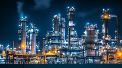 Night view of an industrial facility with illuminated structures.