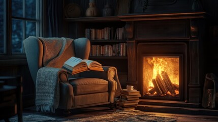 A peaceful reading nook by a crackling fire, with a comfortable armchair,