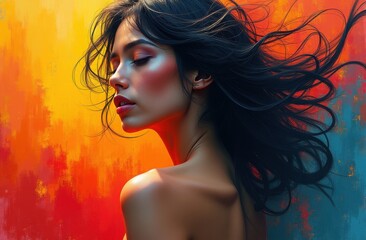 Naklejka premium A young woman with flowing hair poses gracefully against a vibrant, abstract background in a captivating moment of tranquility