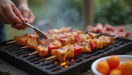 Sizzling Vegetable Skewers Grilling with Vibrant Colors on Outdoor Barbecue