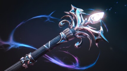 Sleek magic wand with ornate metallic tip and swirling magical energy on dark background, fantasy art concept