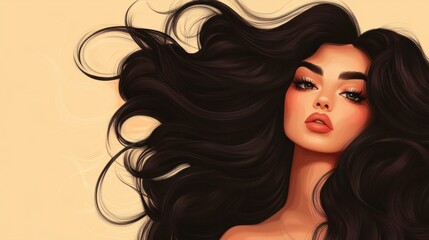 Chic woman with voluminous hair flowing loosely, isolated on a warm beige background
