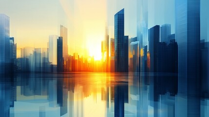 Abstract sunset cityscape with futuristic skyscrapers and blue reflections, illuminated by warm sunlight for corporate use.