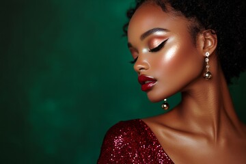 African American woman with closed eyes in a red dress with sparkle makeup and Christmas balls earrings, dark green background. Concept: New Year, for beauty salon, fashion, Advertising photo