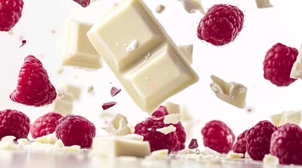 Video of floating pieces of white chocolate and berries with white background footage for advertisement promotion.