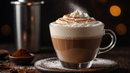 Cappuccino topped with frothy milk and a dusting of cocoa powder, served in a clear glass with soft café lighting.