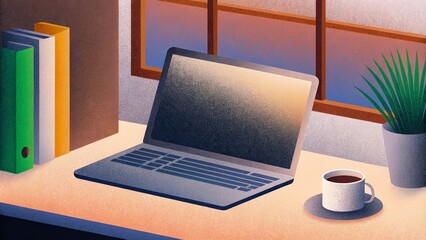 Fototapeta premium Cozy workspace illustration featuring laptop and coffee near window