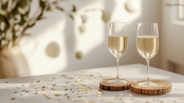Sustainable New Year's Eve toast with champagne on table decorated with recycled paper confetti and wooden coasters. Christmas, New Year's Eve