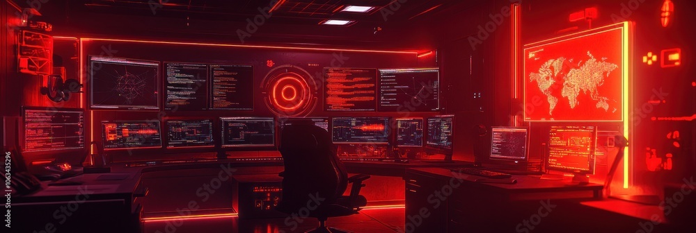 Poster a futuristic, red-lit control room with a person sitting at a desk in front of multiple computer scr