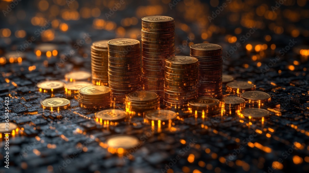Aufkleber Tall stacks of gleaming gold coins are arranged on a dark, textured surface, creating a striking visual contrast against the warm glow surrounding them.