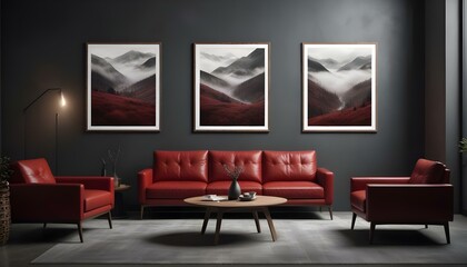 A modern living room with a red leather sofa, a wooden coffee table, and three framed landscape photographs on the wall depicting moody.