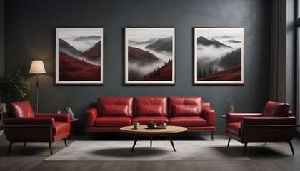 A modern living room with a red leather sofa, a wooden coffee table, and three framed landscape photographs on the wall depicting moody.