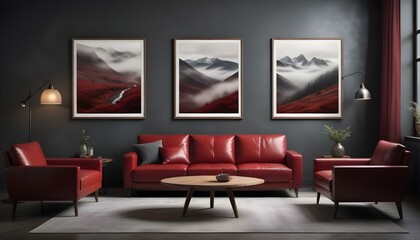 A modern living room with a red leather sofa, a wooden coffee table, and three framed landscape photographs on the wall depicting moody.