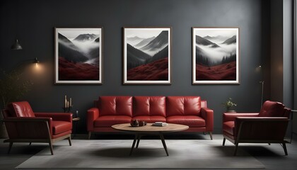 A modern living room with a red leather sofa, a wooden coffee table, and three framed landscape photographs on the wall depicting moody.