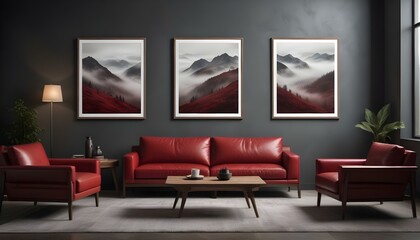 A modern living room with a red leather sofa, a wooden coffee table, and three framed landscape photographs on the wall depicting moody.