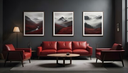 A modern living room with a red leather sofa, a wooden coffee table, and three framed landscape photographs on the wall depicting moody.