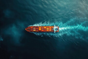 aerial view of a container cargo ship navigating through the deep blue sea illustrating the vastness of the ocean and the importance of global trade in a dynamic environment