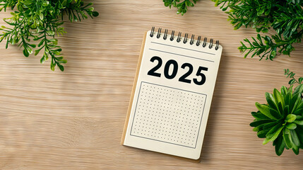 A simple desk calendar displays the year 2025, surrounded by green plants on a wooden surface, suggesting organization and planning for the future.