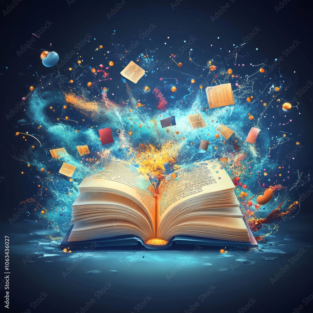 Aufkleber open book with exploding pages, sparkles, and a whirlwind of colored notes on a dark blue background