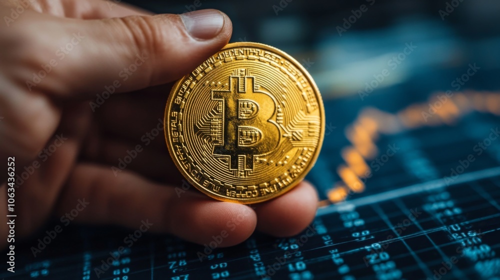 Fototapete a person is holding a golden bitcoin token while looking at a financial chart showing cryptocurrency