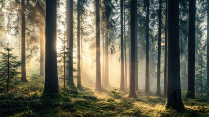 Obraz premium A serene pine forest at dawn, with soft sunlight filtering