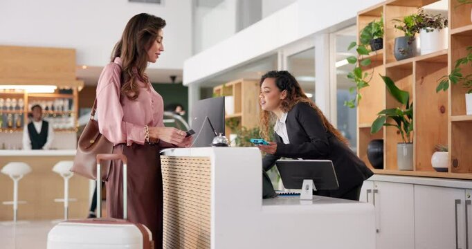 Credit card, people and receptionist in hotel for payment, service and financial transaction with machine. Purchase, guest and concierge with pos fintech for booking room, hospitality and front desk