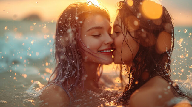 Romantic lesbian couple shares romantic kiss while swimming in ocean at sunset, surrounded by golden light and splashing water, capturing moment of deep connection and female happiness