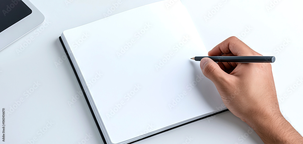 Poster a person is writing in a blank notebook with a pen, emphasizing creativity and the process of note-t
