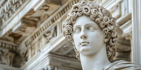 Obraz premium A close-up of an ancient Greek sculpture, depicting the head and shoulders of Cupid with his iconic curly hair, set against a backdrop of classical architecture. The focus is on Cu