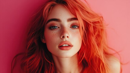 Fototapeta premium Close-up of a woman with lush, full hair and a bright expression on a minimalist background