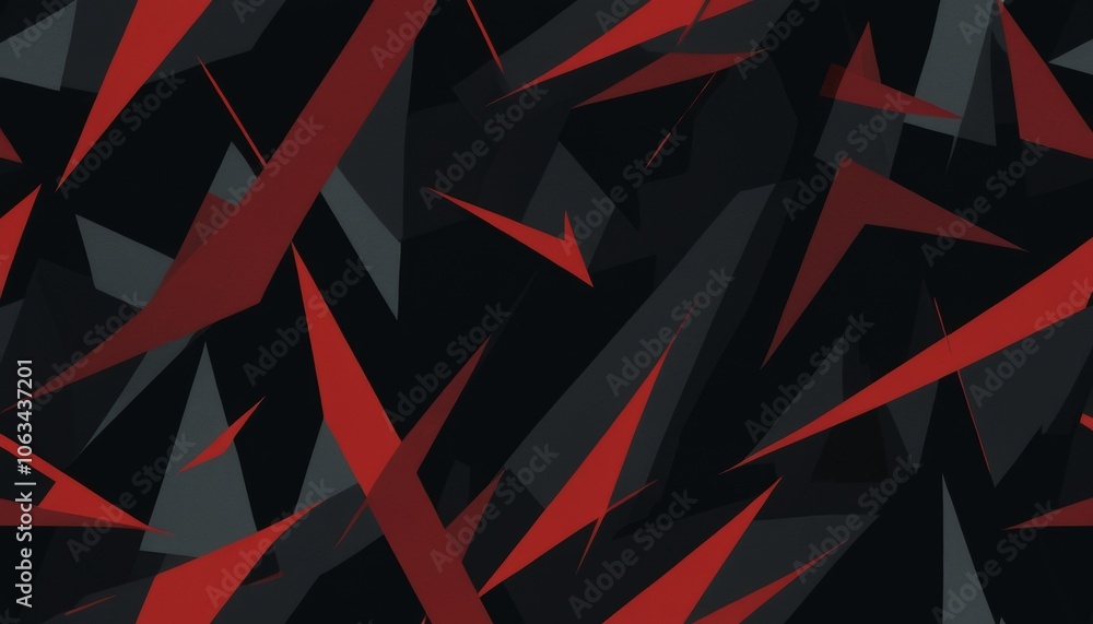 Poster sinister rhythm illustrated with sharp angular shapes in red and black on a dark background for bold