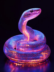 A holographic neon snake, wrapped around the top of an LED ring light on a black background, is glowing with vibrant colors and intricate details. The image is a focus-stacked, 3D-