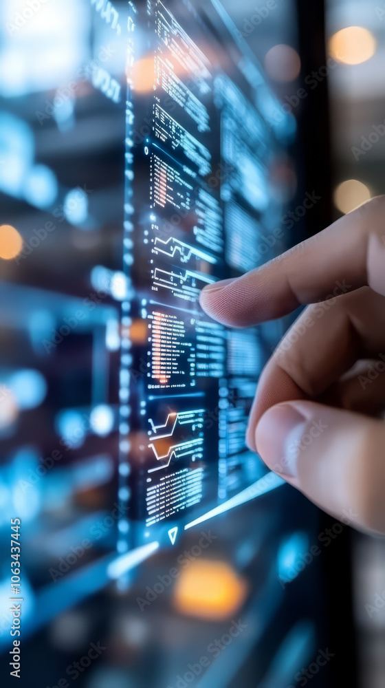 Poster hand interacting with digital financial data on touchscreen display