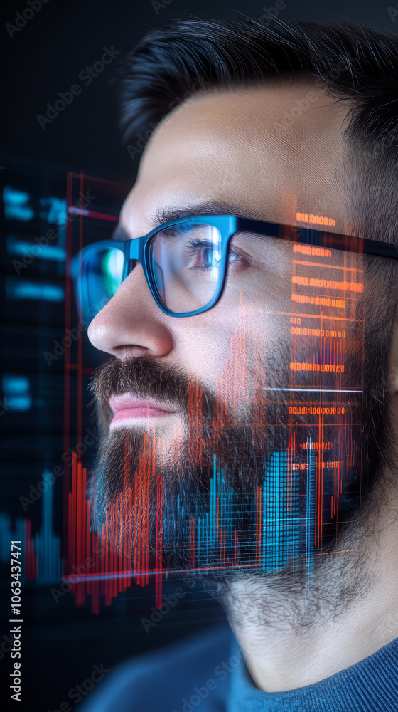Poster businessman analyzing financial data with digital graphs and charts
