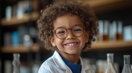 Obraz premium A happy little boy wearing glasses and a white lab coat smiles while sitting in a laboratory, surrounded by test tubes and books on shelves behind him. The child is laughing with j