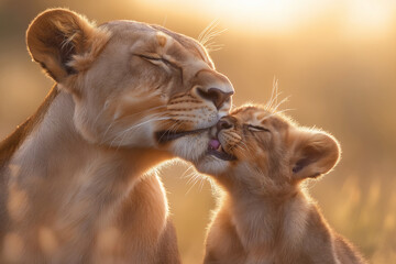 Obraz premium A lioness licking her cub's face, bathed in the warm glow of golden hour lighting, 