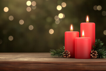 Cozy candle lit scene with red candles, pinecones, and warm ambiance